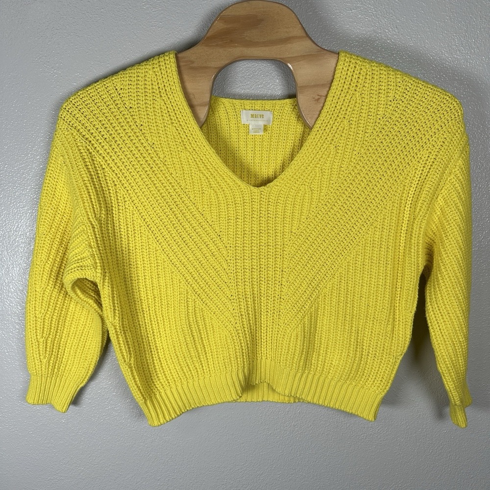 Anthropologie Maeve Yellow Chunky Knit Sweater Sz Medium Cotton Wool Blend Vneck